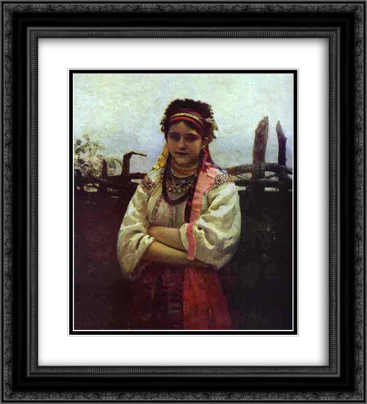 Ukranian Girl by a Fence 20x22 Black Ornate Wood Framed Art Print Poster with Double Matting by Repin, Ilya