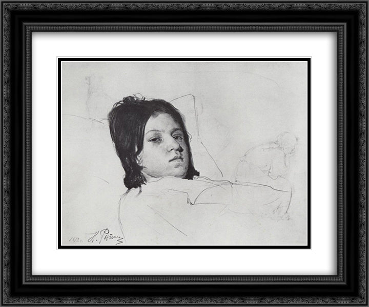 Woman's Head (V.A. Repina lying in bed) 24x20 Black Ornate Wood Framed Art Print Poster with Double Matting by Repin, Ilya