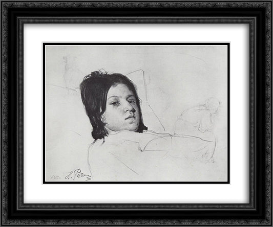 Woman's Head (V.A. Repina lying in bed) 24x20 Black Ornate Wood Framed Art Print Poster with Double Matting by Repin, Ilya