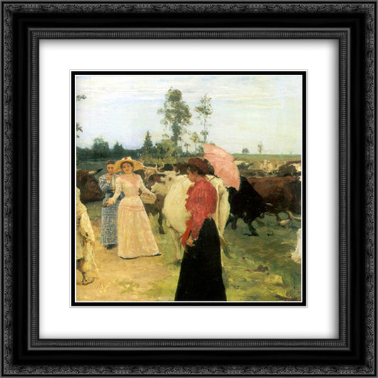 Young ladys walk among herd of cow 20x20 Black Ornate Wood Framed Art Print Poster with Double Matting by Repin, Ilya