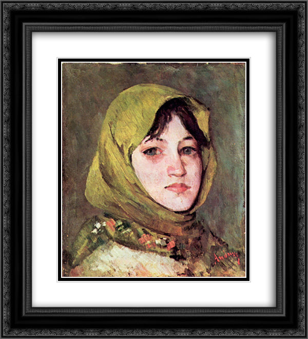 Peasant Woman with Green Headscarf 20x22 Black Ornate Wood Framed Art Print Poster with Double Matting by Andreescu, Ion