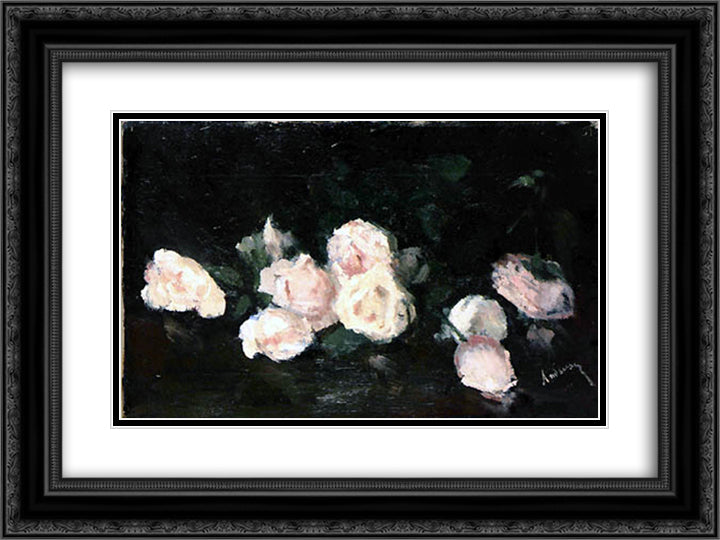 Pink Roses 24x18 Black Ornate Wood Framed Art Print Poster with Double Matting by Andreescu, Ion