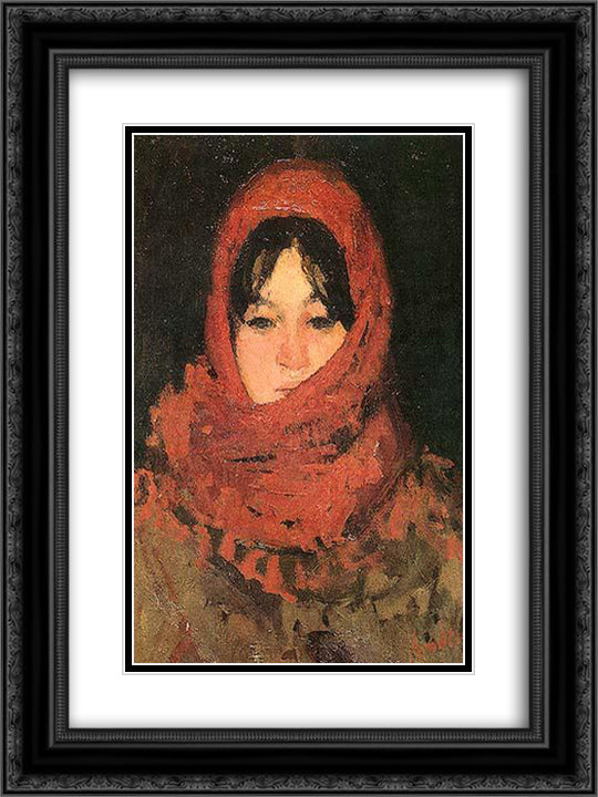 The Red Scarf 18x24 Black Ornate Wood Framed Art Print Poster with Double Matting by Andreescu, Ion