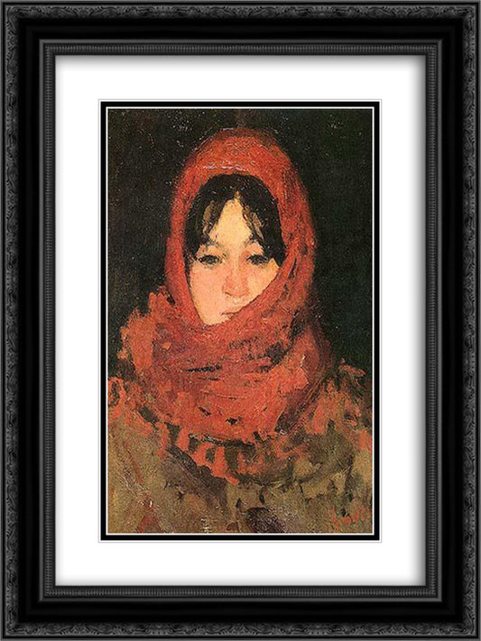 The Red Scarf 18x24 Black Ornate Wood Framed Art Print Poster with Double Matting by Andreescu, Ion