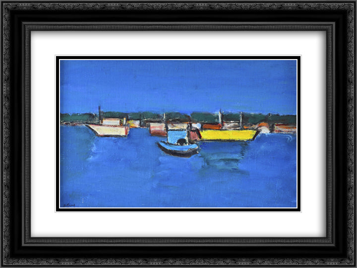 Marina with Yellow Boat 24x18 Black Ornate Wood Framed Art Print Poster with Double Matting by Pacea, Ion