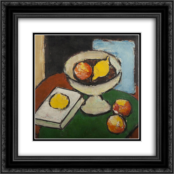 Still Life with Fruit Stand, Book and Fruit 20x20 Black Ornate Wood Framed Art Print Poster with Double Matting by Pacea, Ion
