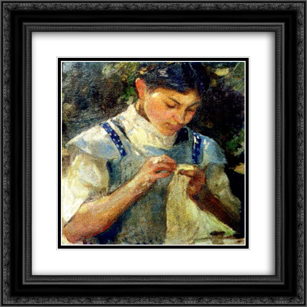 Girl Sewing 20x20 Black Ornate Wood Framed Art Print Poster with Double Matting by Strambu, Ipolit