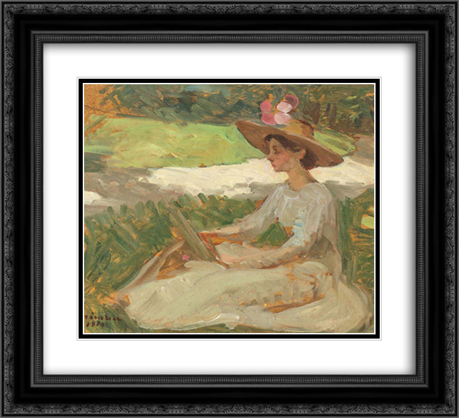 Reading in the Garden 22x20 Black Ornate Wood Framed Art Print Poster with Double Matting by Strambu, Ipolit