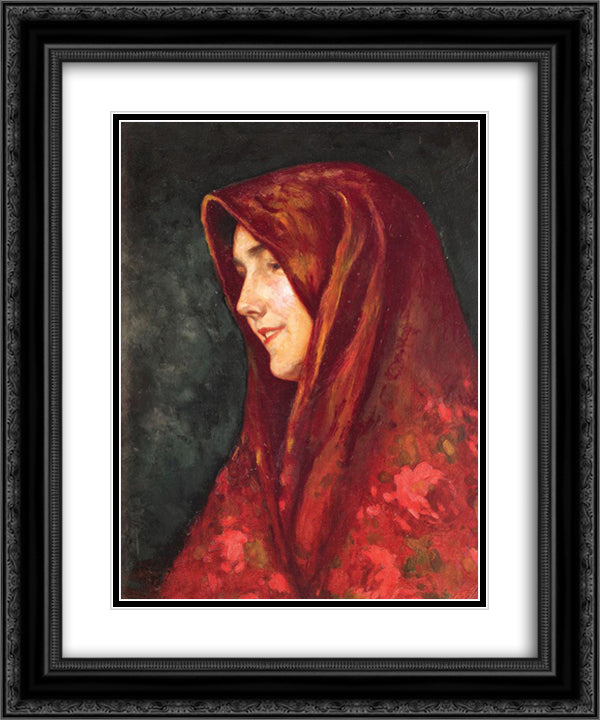 The Red Scarf 20x24 Black Ornate Wood Framed Art Print Poster with Double Matting by Strambu, Ipolit