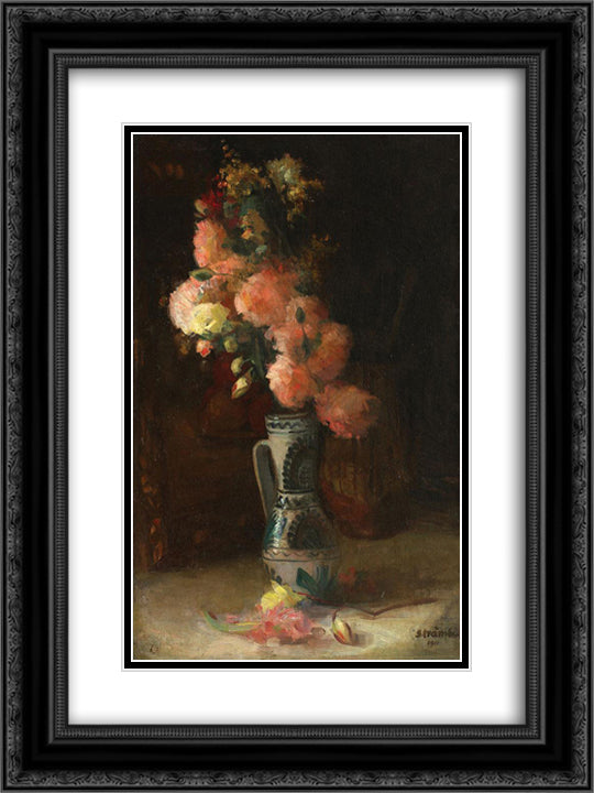 Vase with Roses and Chrysanthemums 18x24 Black Ornate Wood Framed Art Print Poster with Double Matting by Strambu, Ipolit