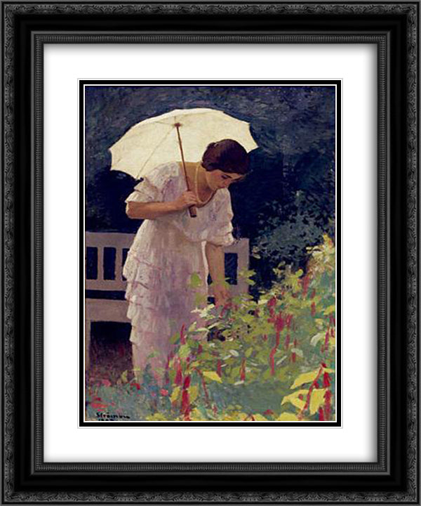 Woman with Umbrella 20x24 Black Ornate Wood Framed Art Print Poster with Double Matting by Strambu, Ipolit