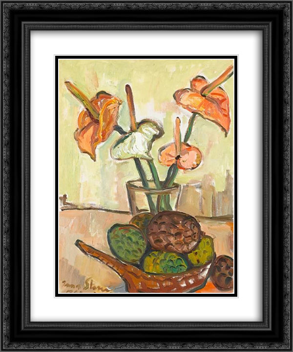 Still life with anthuriums and fruit 20x24 Black Ornate Wood Framed Art Print Poster with Double Matting by Stern, Irma
