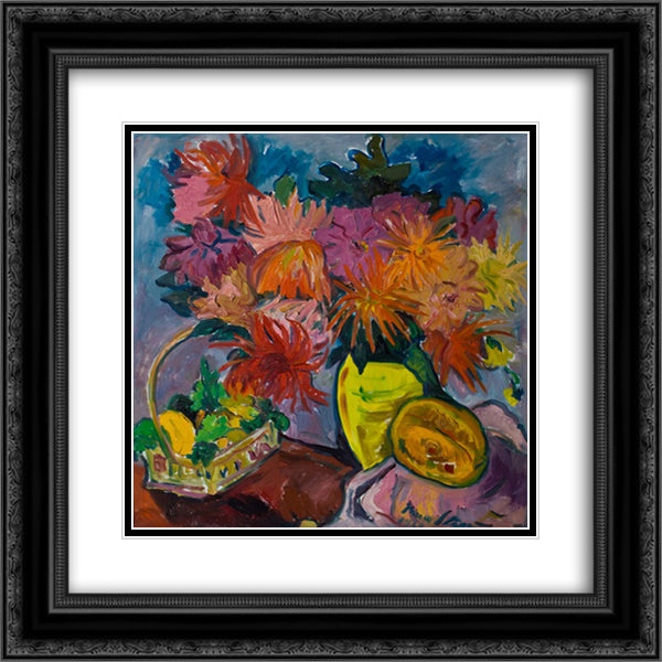Still Life with Dahlias and Fruit 20x20 Black Ornate Wood Framed Art Print Poster with Double Matting by Stern, Irma