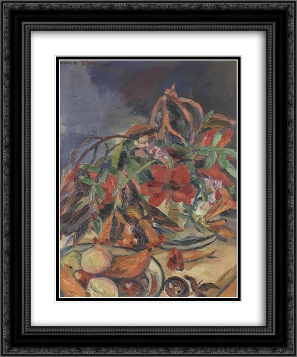 Still life with hibiscus, angel's trumpets and fruits 20x24 Black Ornate Wood Framed Art Print Poster with Double Matting by Stern, Irma