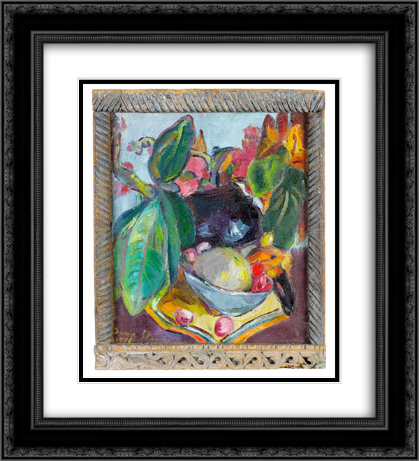Still Life with Leaves, Fruit and Flowers 20x22 Black Ornate Wood Framed Art Print Poster with Double Matting by Stern, Irma