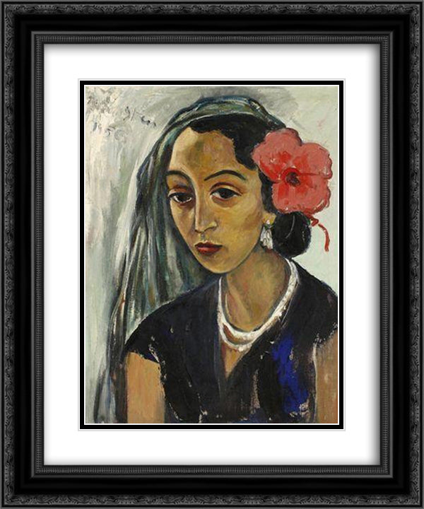 Woman with a Hibiscus 20x24 Black Ornate Wood Framed Art Print Poster with Double Matting by Stern, Irma