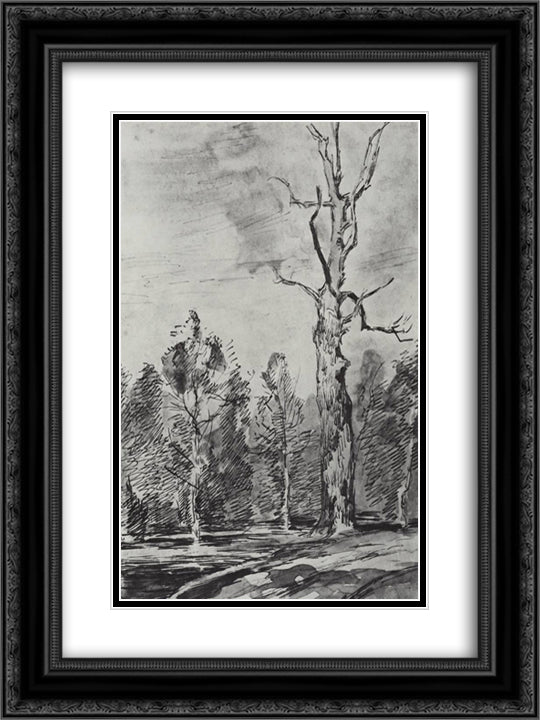 A dry tree by the road 18x24 Black Ornate Wood Framed Art Print Poster with Double Matting by Levitan, Isaac