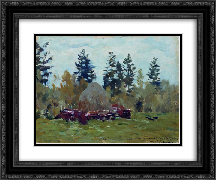 A haystack 24x20 Black Ornate Wood Framed Art Print Poster with Double Matting by Levitan, Isaac