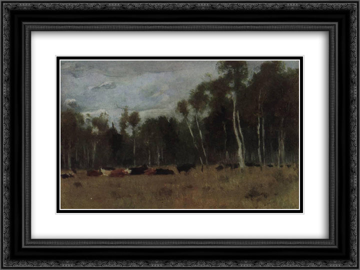 A herd 24x18 Black Ornate Wood Framed Art Print Poster with Double Matting by Levitan, Isaac