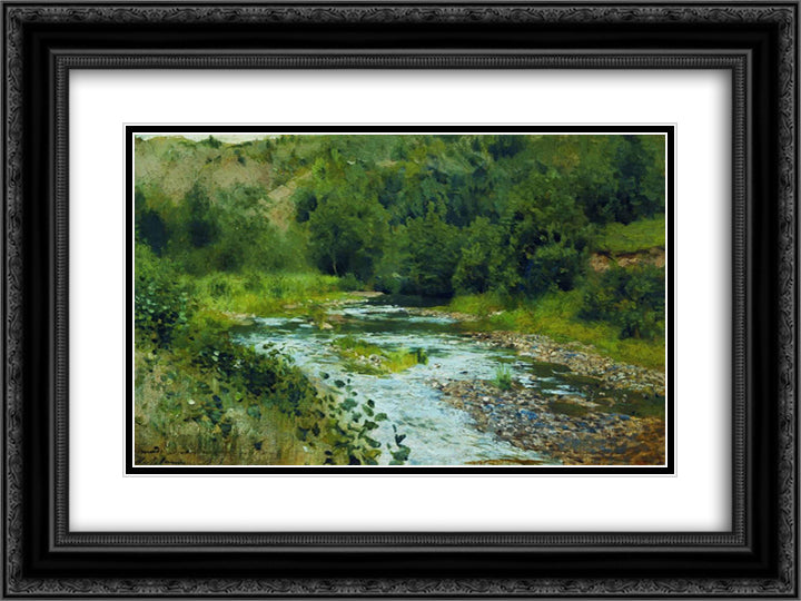 A river 24x18 Black Ornate Wood Framed Art Print Poster with Double Matting by Levitan, Isaac