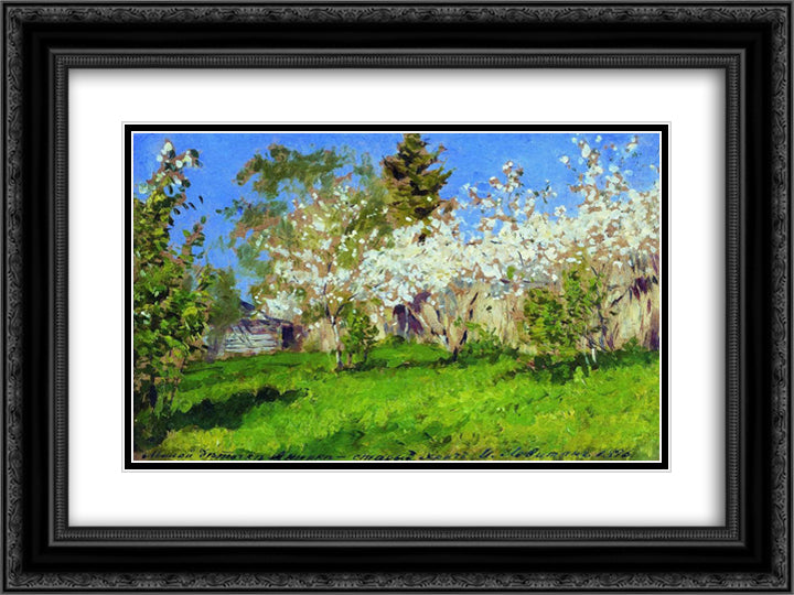 Apple trees in blossom 24x18 Black Ornate Wood Framed Art Print Poster with Double Matting by Levitan, Isaac