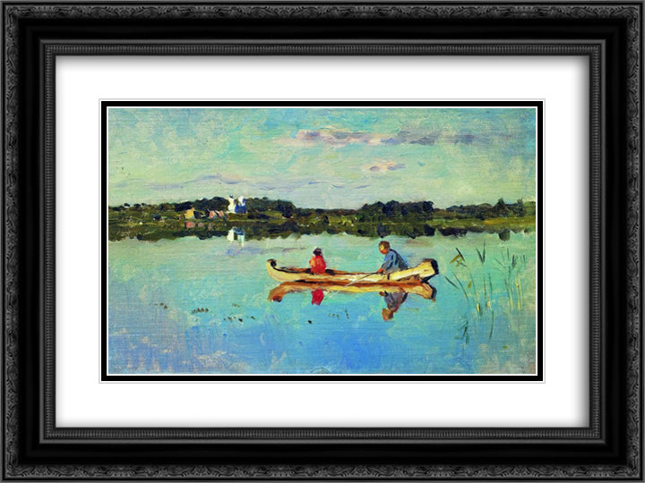 At the lake. Fishermen. 24x18 Black Ornate Wood Framed Art Print Poster with Double Matting by Levitan, Isaac