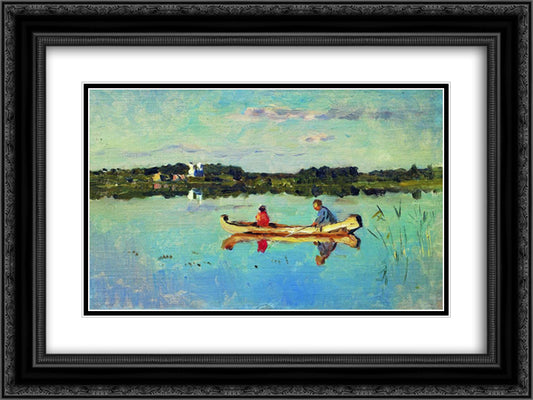 At the lake. Fishermen. 24x18 Black Ornate Wood Framed Art Print Poster with Double Matting by Levitan, Isaac