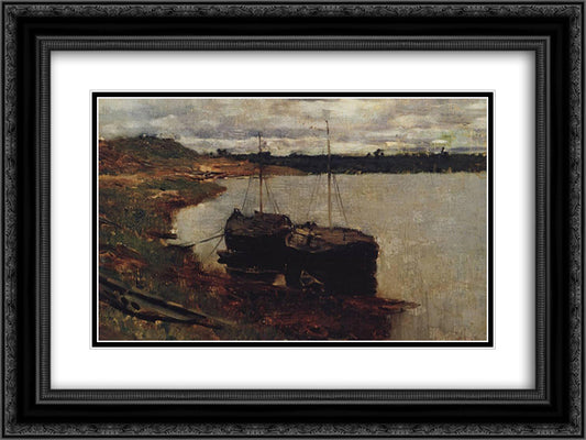 Barges. The Volga. 24x18 Black Ornate Wood Framed Art Print Poster with Double Matting by Levitan, Isaac