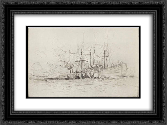 Barges 24x18 Black Ornate Wood Framed Art Print Poster with Double Matting by Levitan, Isaac