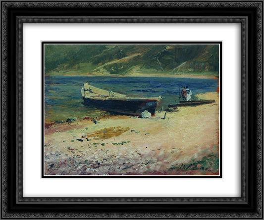 Boat on the coast 24x20 Black Ornate Wood Framed Art Print Poster with Double Matting by Levitan, Isaac