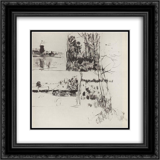 Building by the water. At the edge of village. 20x20 Black Ornate Wood Framed Art Print Poster with Double Matting by Levitan, Isaac