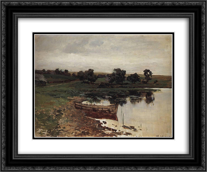 By the Riverside. 24x20 Black Ornate Wood Framed Art Print Poster with Double Matting by Levitan, Isaac