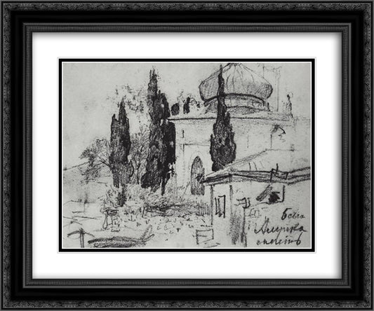 Cypress trees at the mosque 24x20 Black Ornate Wood Framed Art Print Poster with Double Matting by Levitan, Isaac