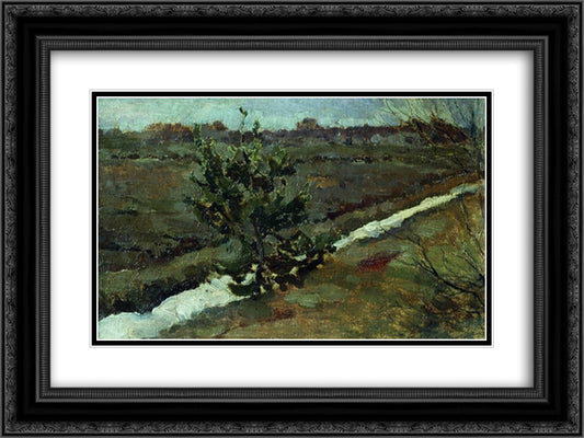 Early spring. A young pine tree. 24x18 Black Ornate Wood Framed Art Print Poster with Double Matting by Levitan, Isaac