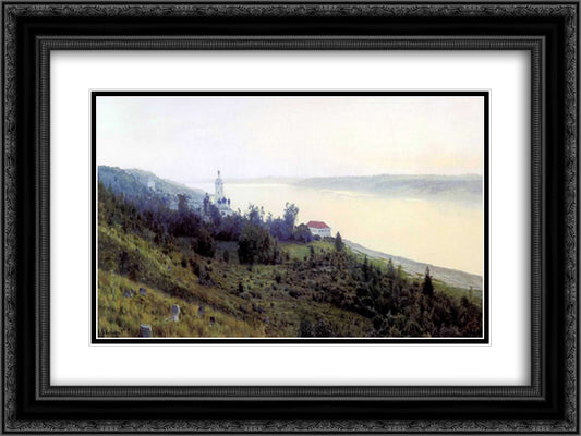 Evening. Golden Plyos. 24x18 Black Ornate Wood Framed Art Print Poster with Double Matting by Levitan, Isaac