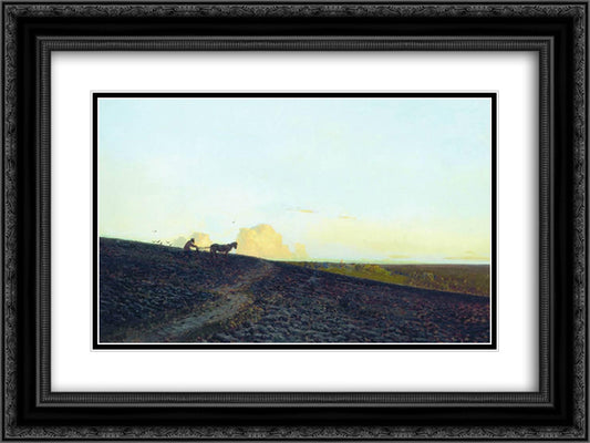 Evening in the field 24x18 Black Ornate Wood Framed Art Print Poster with Double Matting by Levitan, Isaac