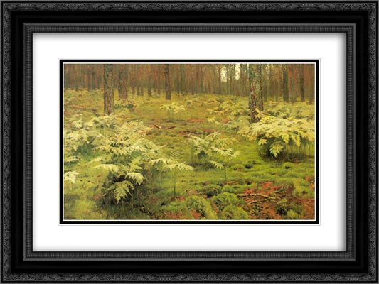 Ferns in a forest 24x18 Black Ornate Wood Framed Art Print Poster with Double Matting by Levitan, Isaac