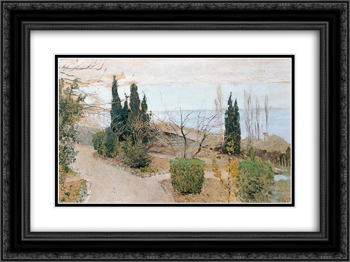 Garden in Yalta. Cypress trees. 24x18 Black Ornate Wood Framed Art Print Poster with Double Matting by Levitan, Isaac