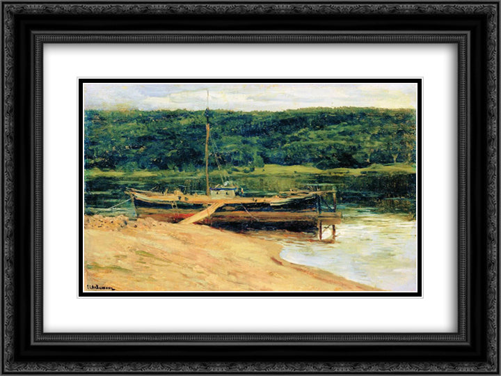 Gray day. Forest over river. 24x18 Black Ornate Wood Framed Art Print Poster with Double Matting by Levitan, Isaac