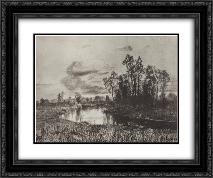 Gray day. River. 24x20 Black Ornate Wood Framed Art Print Poster with Double Matting by Levitan, Isaac