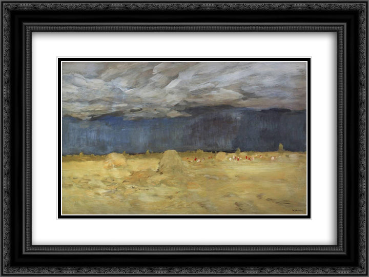Haystacking 24x18 Black Ornate Wood Framed Art Print Poster with Double Matting by Levitan, Isaac