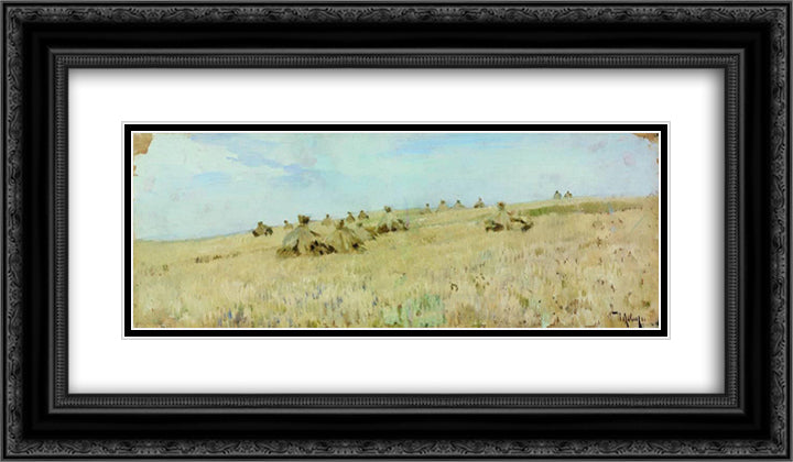 Haystacks 24x14 Black Ornate Wood Framed Art Print Poster with Double Matting by Levitan, Isaac