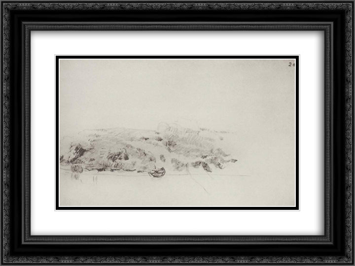 High riverbank with boat and planned bridge 24x18 Black Ornate Wood Framed Art Print Poster with Double Matting by Levitan, Isaac
