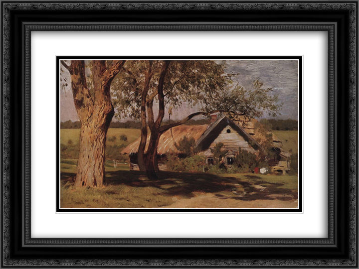 House with broom trees. 24x18 Black Ornate Wood Framed Art Print Poster with Double Matting by Levitan, Isaac