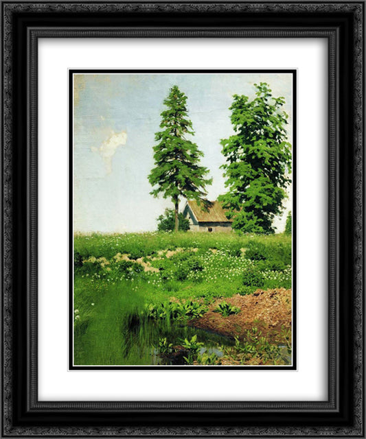 Hut on the meadow 20x24 Black Ornate Wood Framed Art Print Poster with Double Matting by Levitan, Isaac