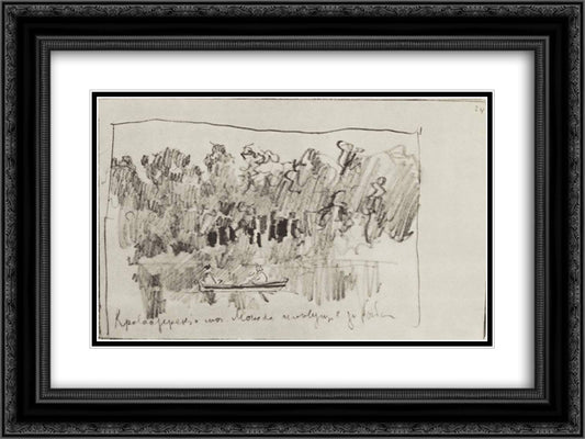 Krivoozersky Monastery. Monks following fish. 24x18 Black Ornate Wood Framed Art Print Poster with Double Matting by Levitan, Isaac