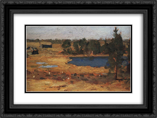 Lake. Barns at the forest edge. 24x18 Black Ornate Wood Framed Art Print Poster with Double Matting by Levitan, Isaac