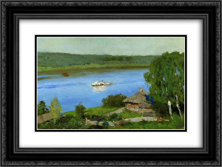 Landscape with a steamboat 24x18 Black Ornate Wood Framed Art Print Poster with Double Matting by Levitan, Isaac