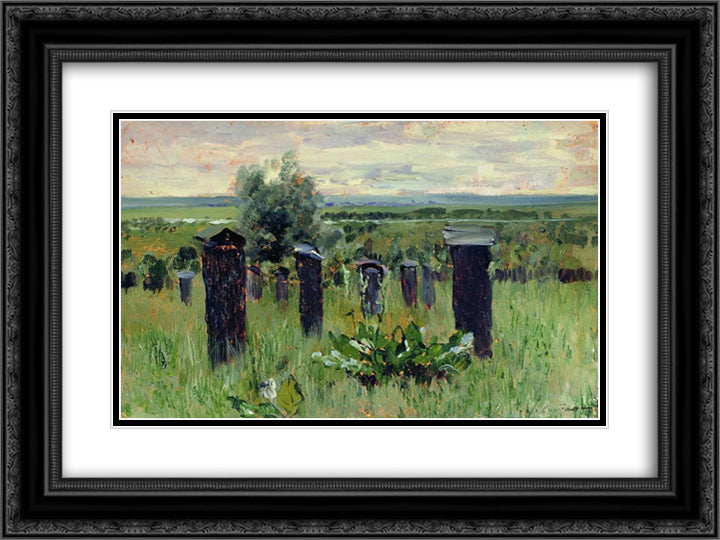 Landscape with beehives 24x18 Black Ornate Wood Framed Art Print Poster with Double Matting by Levitan, Isaac