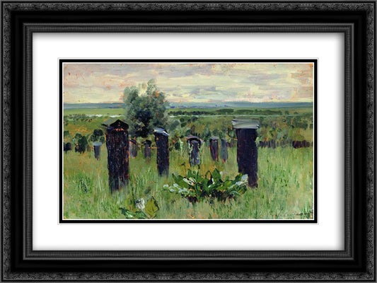 Landscape with beehives 24x18 Black Ornate Wood Framed Art Print Poster with Double Matting by Levitan, Isaac
